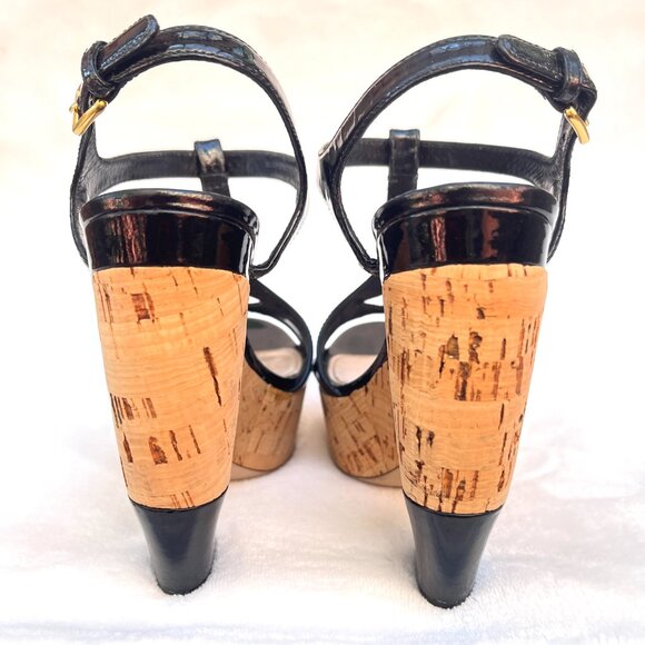 Miu Miu Patent leather T-Strap Cork Black Wedges - Picture 8 of 10